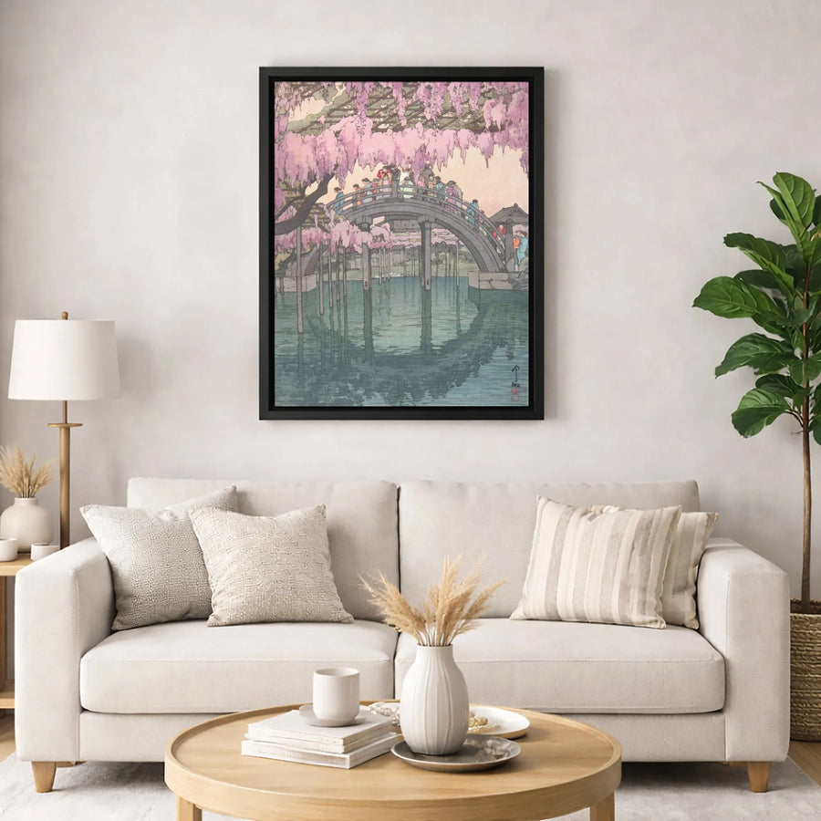 Japanese Wisteria Canvas Wall Art | Ukiyo-e Kameido Shrine Print | Gallery Quality Framed Decor | Traditional Asian Home Decor Gift