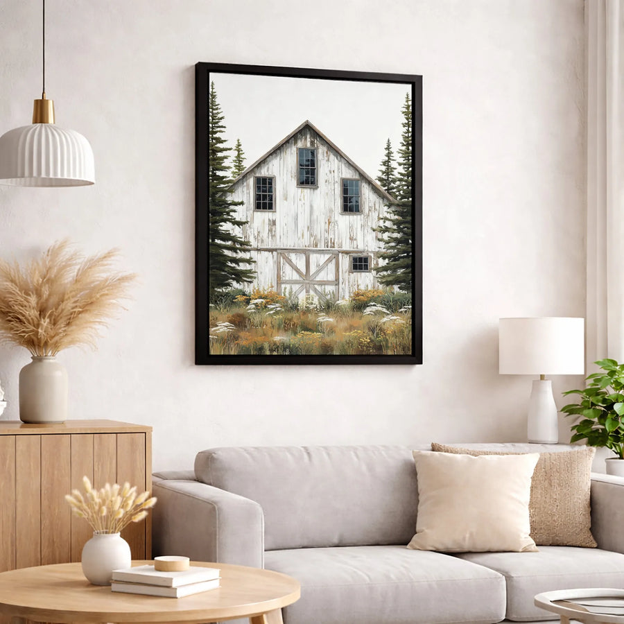 Rustic White Barn Canvas Print | Farmhouse Wall Art with Pine Trees & Wildflowers | Premium Gallery-Wrapped 1.25" Profile | Country Home Decor Gift