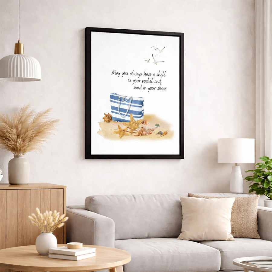 Beach Quote Wall Art | Watercolor Shells & Sand Illustration | Premium Gallery Wrapped Canvas | Coastal Home Decor Gift for Beach Lovers