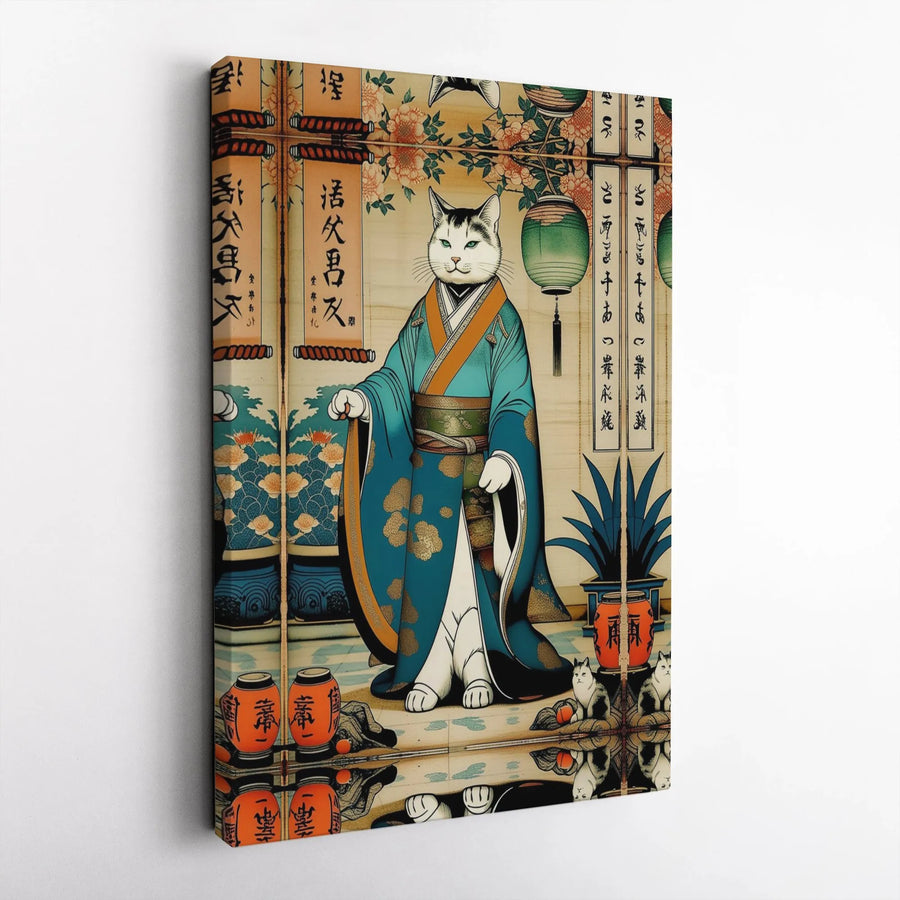 Japanese Cat Wall Art | Ukiyo-E Samurai Kimono Print | Premium Gallery Wrapped Canvas | Whimsical Home Decor Gift for Cat Lovers