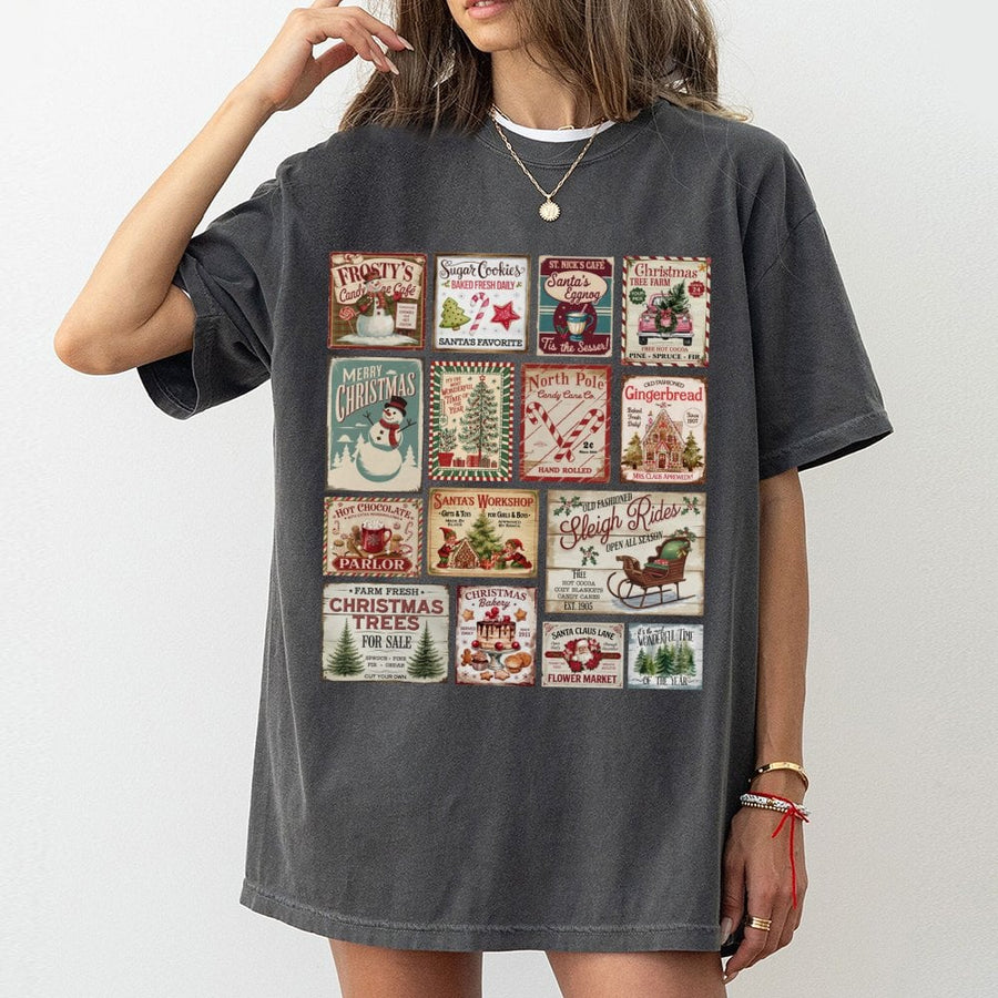 Vintage Christmas Stamp T-Shirt | Retro Holiday Collage Graphic Tee | 100% Cotton Premium Quality | Cozy Winter Gift for Women & Christmas Lovers
