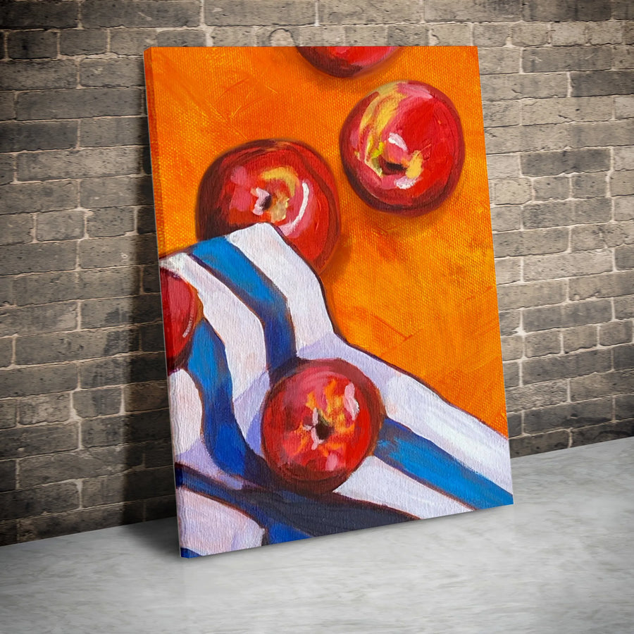 Apple Still Life Canvas Print | Vibrant Fruit Painting with Striped Cloth | Premium Gallery Wrapped Canvas | Kitchen & Dining Room Wall Decor Gift