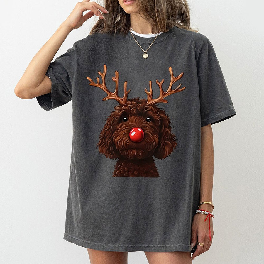 Chocolate Doodle Reindeer T-Shirt | Funny Holiday Dog Lover Graphic | Premium 100% Cotton Tee | Xmas Gift For Doodle Mom And Dad