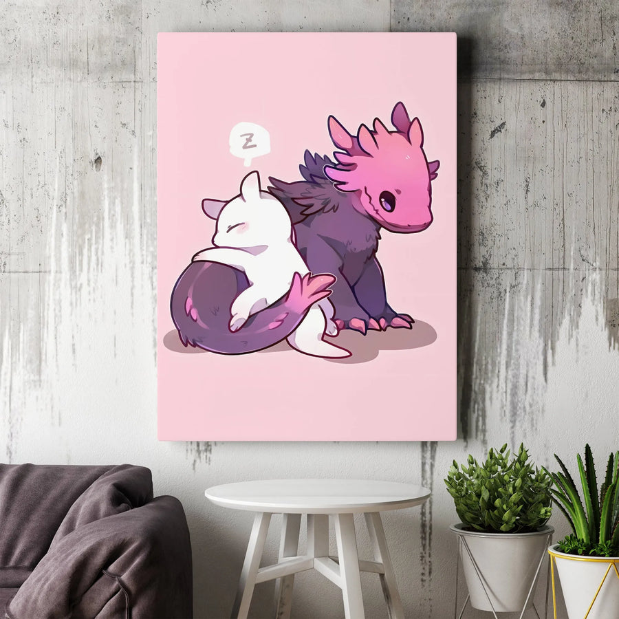 Kawaii Axolotl Wall Art | Sleeping Cute Creature Cuddling Illustration | Premium Stretched Canvas Print | Aesthetic Bedroom Decor Gift for Teens