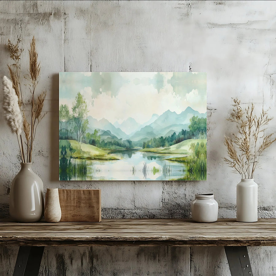 Watercolor Mountain Landscape Canvas | Serene Lake Wall Art | Gallery Wrapped Premium Print | Peaceful Nature Decor for Home or Office