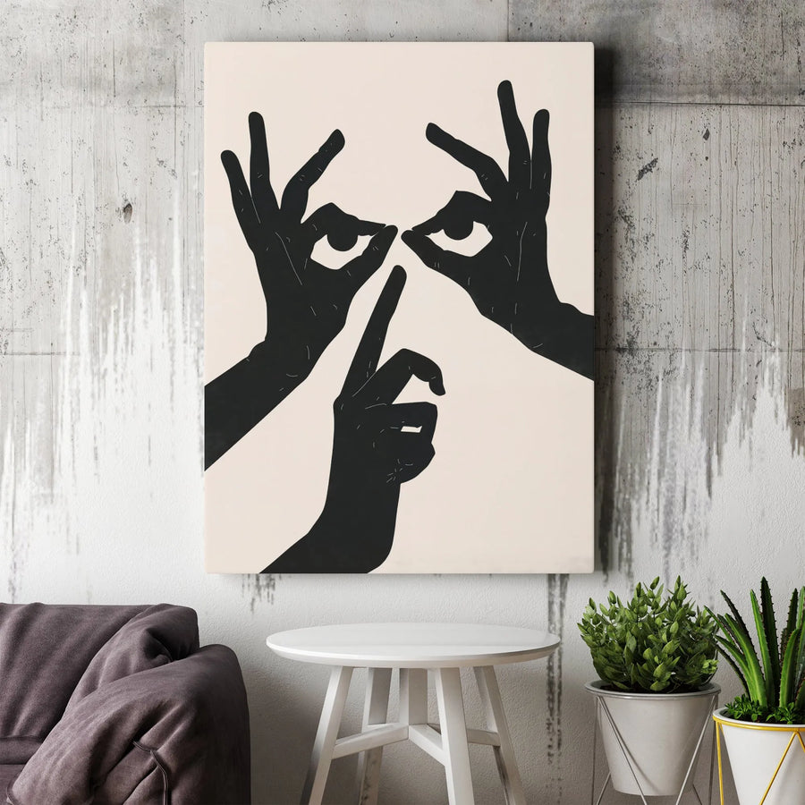 Abstract Face Canvas Wall Art | Minimalist Hands Shushing Design | Premium Gallery Wrap 1.25" Profile | Modern Home Decor Gift