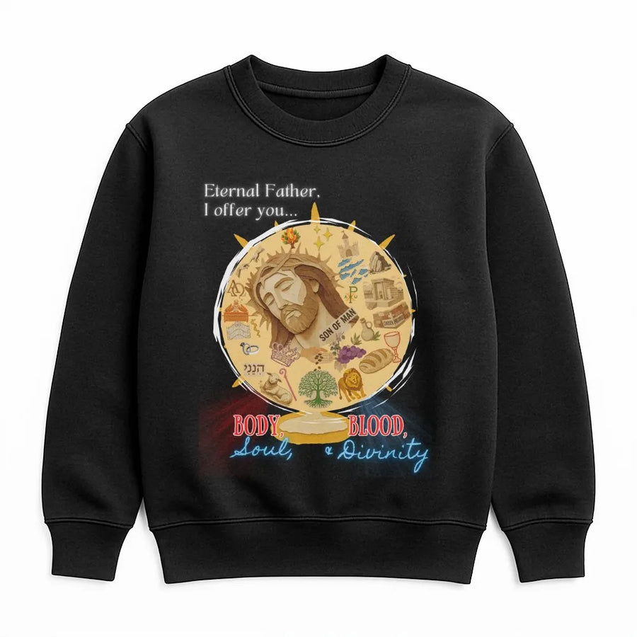 Divine Mercy Sweatshirt | Body Blood Soul Divinity Graphic | Premium Cotton Blend | Catholic Christian Religious Gift
