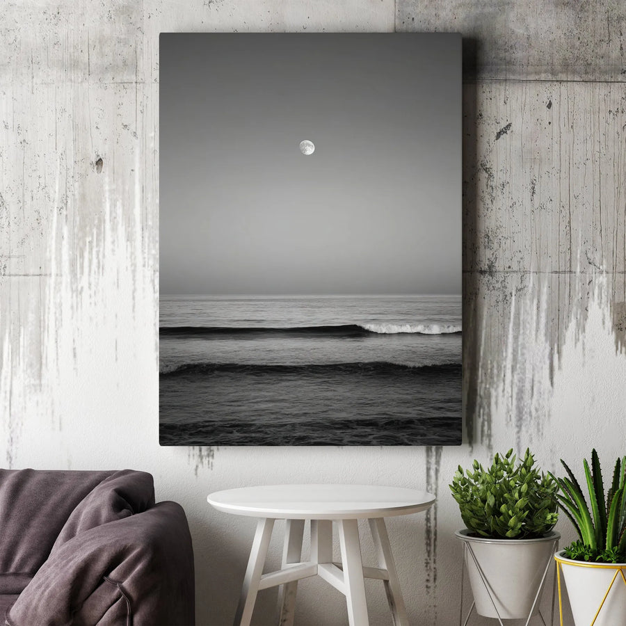 Black and White Moon Ocean Canvas Wall Art | Minimalist Seascape Night Print | Premium Gallery-Wrapped Gallery Quality | Modern Home Decor Gift