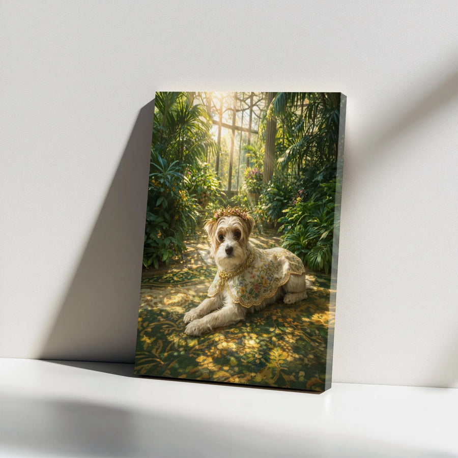 Regal Dog Canvas Wall Art | Whimsical Terrier Portrait in Flower Crown | Premium Gallery Wrapped Canvas | Gift for Dog Lover, Dog Mom