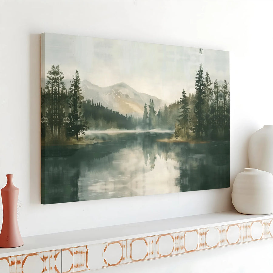 Misty Mountain Lake Canvas Wall Art | Serene Pine Forest Reflection Print | Gallery Wrapped Premium Quality | Nature Decor For Living Room