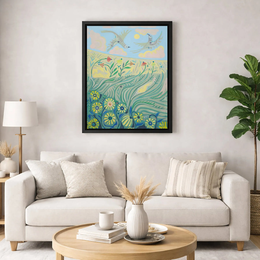 Folk Art Bird Canvas Wall Art | Whimsical Meadow Wildflower Landscape | Premium Gallery-Wrapped Print | Nature Inspired Home Decor Gift