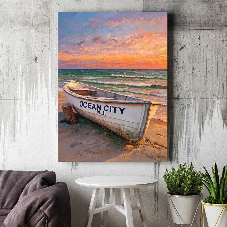 Ocean City NJ Vertical Canvas | Impressionist Sunset Beach Painting | Premium Gallery Wrapped Wall Art | Coastal Home Decor Gift