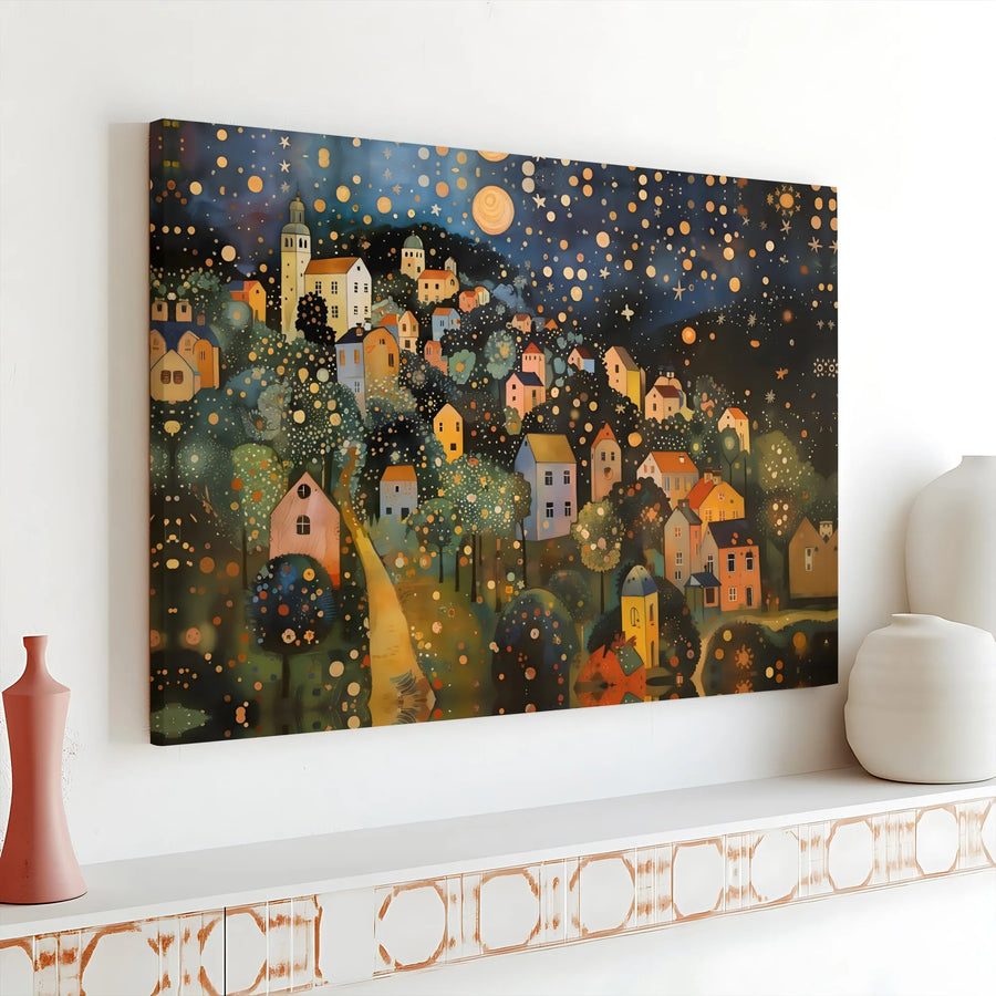 Whimsical Village Canvas Print | Starry Night Hillside Town Art | Premium Gallery Wrapped Canvas | Living Room Wall Decor Gift
