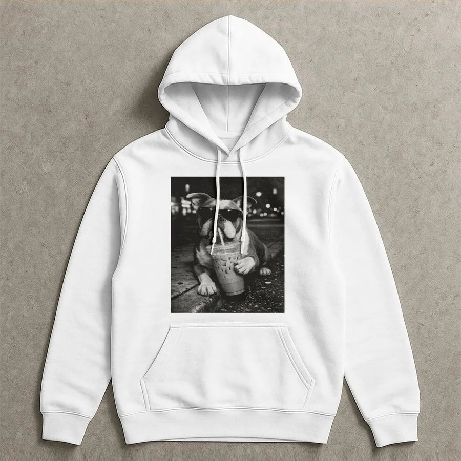 Funny Bulldog Hoodie | Dog Wearing Sunglasses with Iced Coffee | Premium Cotton-Blend Sweatshirt | Gift for English Bulldog Owner