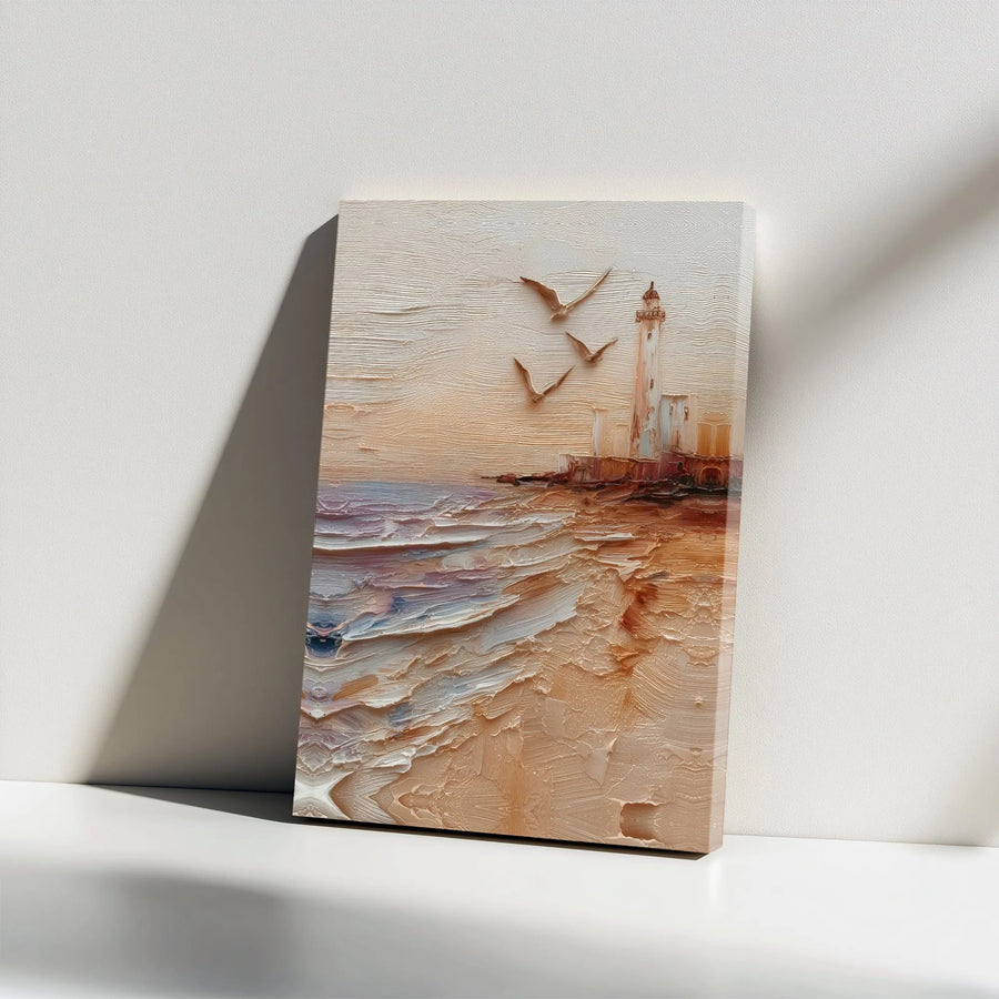 Coastal Lighthouse Canvas Wall Art | Modern Impasto Beach Scene | Thick Gallery Wrapped Canvas | Premium Beach House Wall Decor