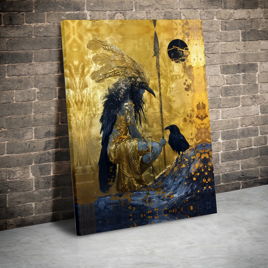 Golden Raven Goddess Canvas Wall Art | Mythological Warrior Queen Print | 1.25-Inch Gallery Wrap | Fantasy Decor for Living Room or Office