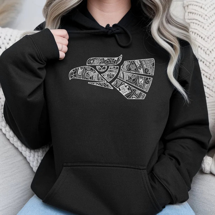 Aztec Eagle Hoodie | Geometric Mayan Calendar Graphic Art | Premium Cotton-Poly Blend Sweatshirt | Unique Cultural Gift for Men and Women