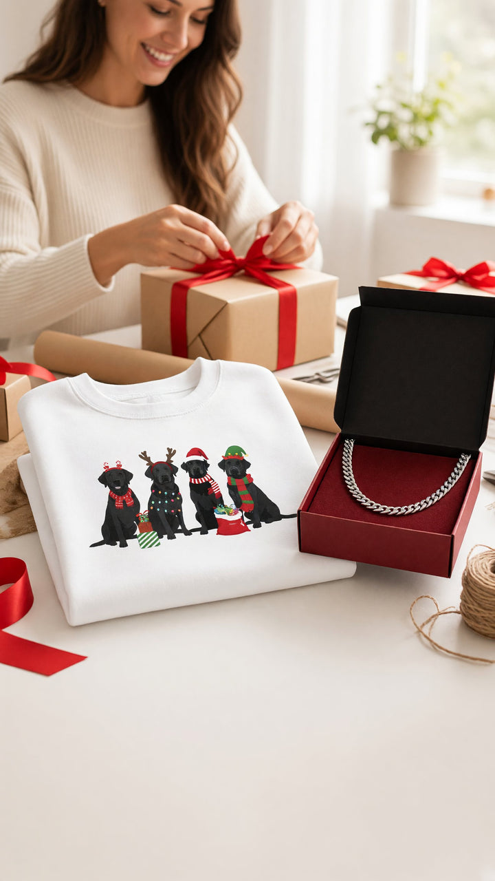 Wrapping a white Christmas sweatshirt and a chain necklace gift box on a bright table