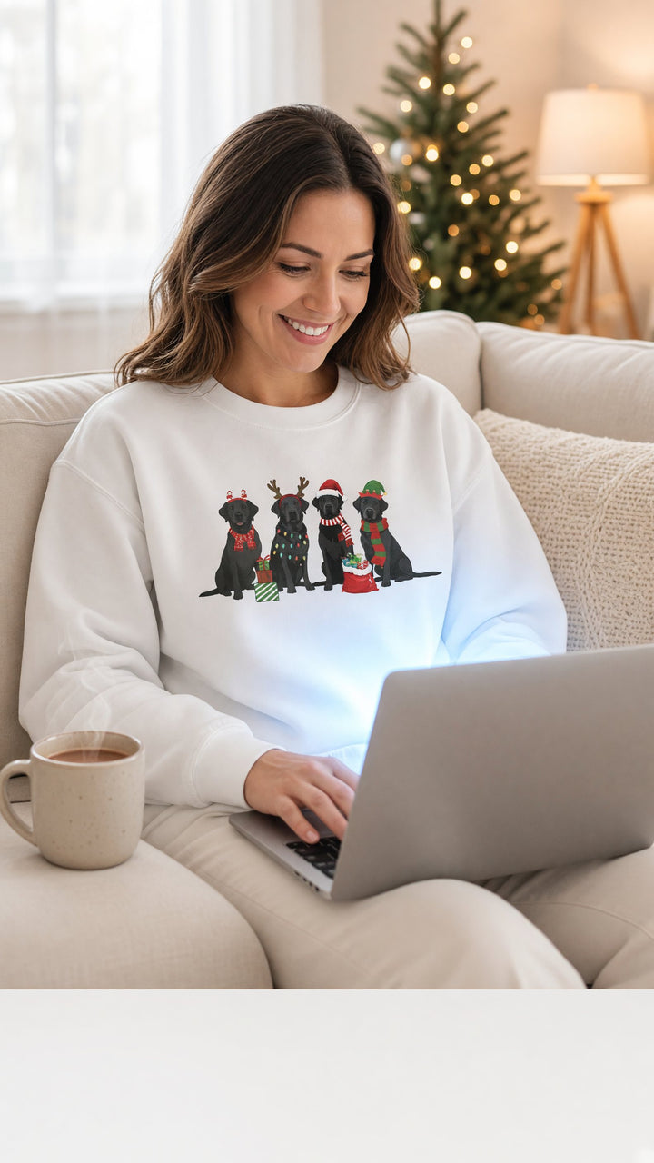 Woman in a white Christmas sweatshirt shopping on a laptop on a cozy sofa