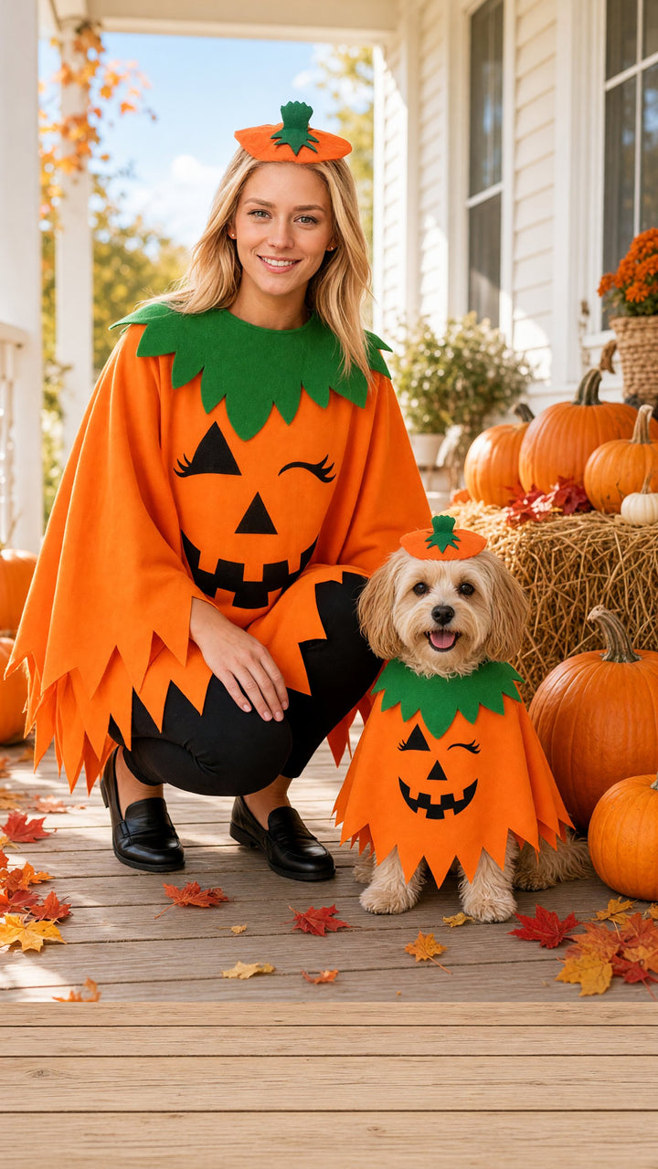 Woman and her dog in matching pumpkin costumes on a sunny autumn porch