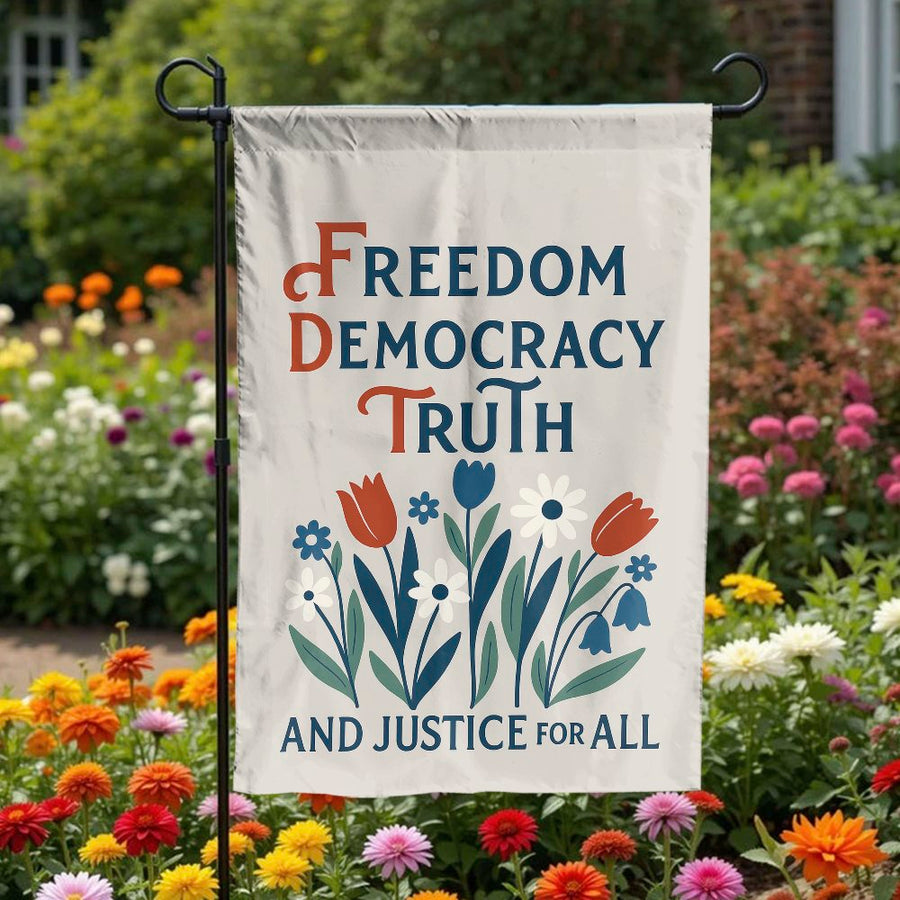 Freedom and Democracy Garden Flag | Retro Floral Justice Quote | Premium Weatherproof Polyester | Inspirational Yard Decor Gift