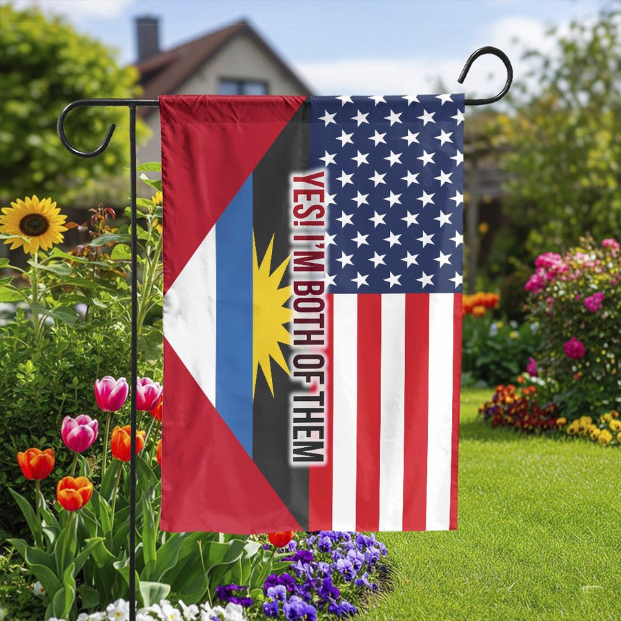 Antiguan American Garden Flag | Split USA & Antigua Heritage Design | Double-Sided Weather-Resistant Fabric | Patriotic Yard Decor Gift for Dual Citizens