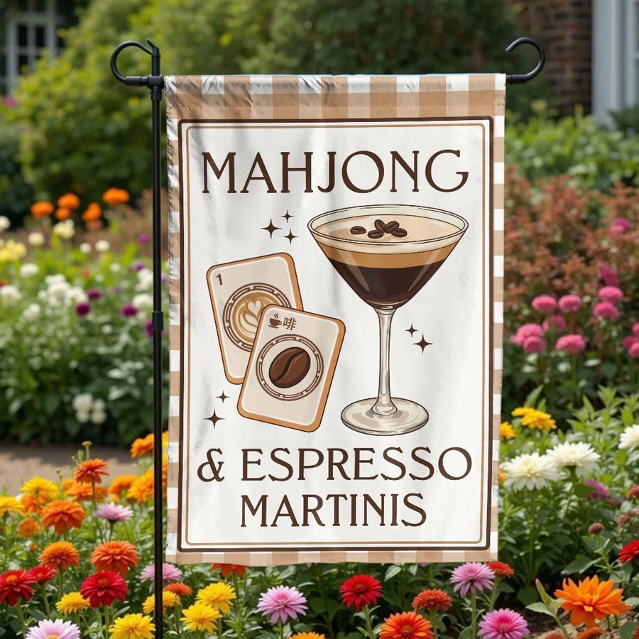 Mahjong & Espresso Martini Garden Flag | Funny Game Night Yard Art | Double Sided Weather Resistant Fabric | Unique Housewarming Gift for Cocktail Lovers
