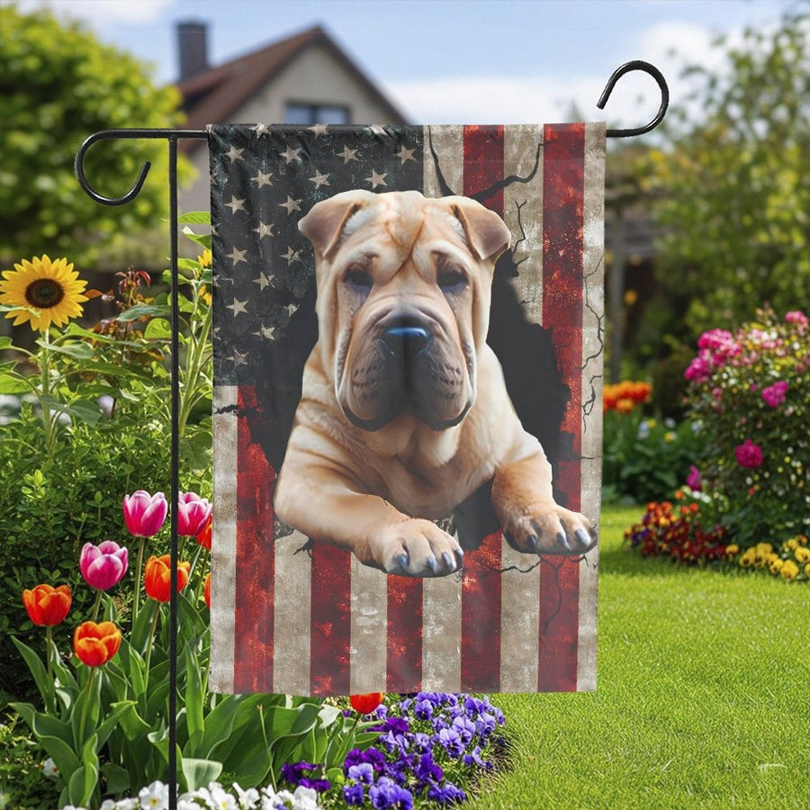 Shar Pei Dog Garden Flag | Distressed American Flag Art | Double Sided Weather Resistant Polyester | Gift for Shar Pei Mom Dad