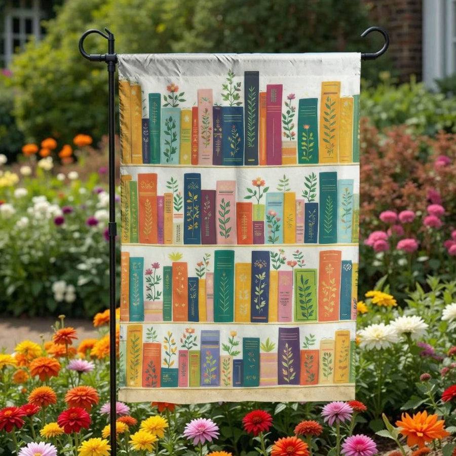 Floral Bookshelf Garden Flag | Double-Sided Botanical Bookshelf Art | Weather-Resistant Polyester | Gift for Book Lovers & Gardeners