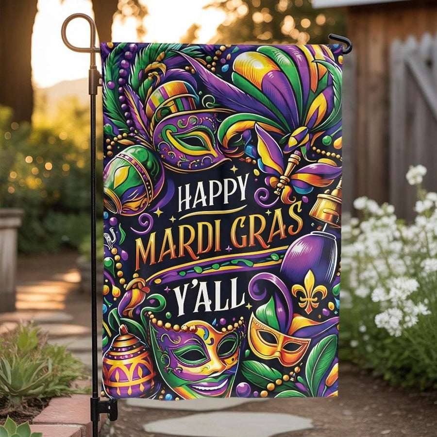 Happy Mardi Gras Garden Flag | Masquerade Mask and Beads Design | Double-Sided Polyester | Fat Tuesday Outdoor Decor Gift