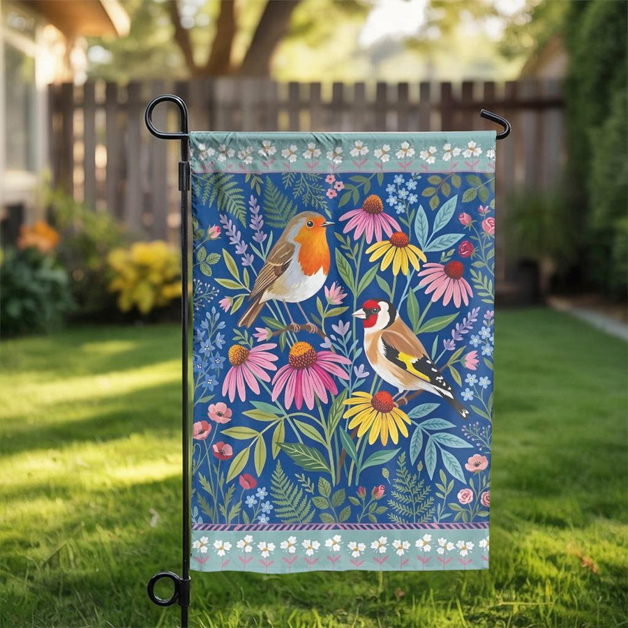 Robin and Goldfinch Garden Flag | Vintage Botanical Illustration Print | Double Sided Weatherproof Polyester | Spring Yard Decor for Bird Lovers