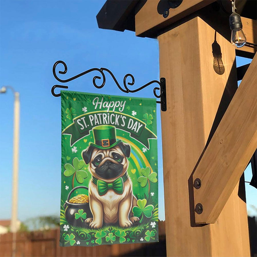 St. Patrick's Day Pug Garden Flag | Cute Leprechaun Dog Welcome Sign | Double Sided Weather Resistant Fabric | Seasonal Holiday Decor for Pug Lovers