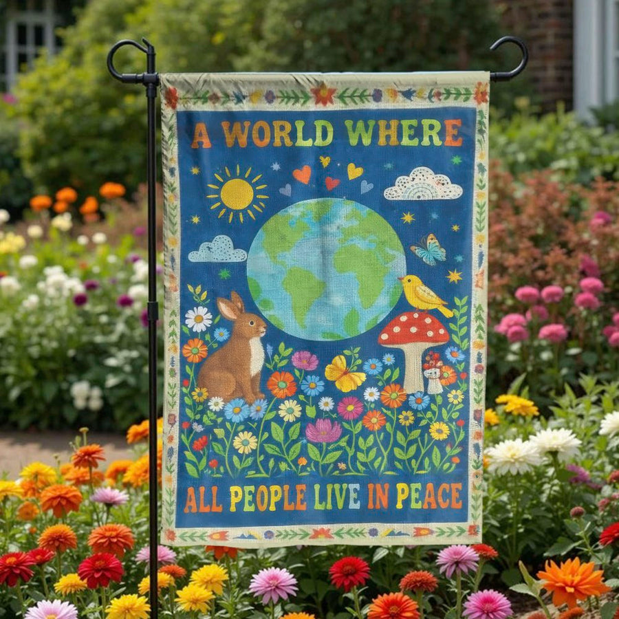 Peace on Earth Garden Flag | Whimsical Bunny & Earth Art | Double Sided Weather Resistant Polyester | Yard & Outdoor Welcome Decor Gift