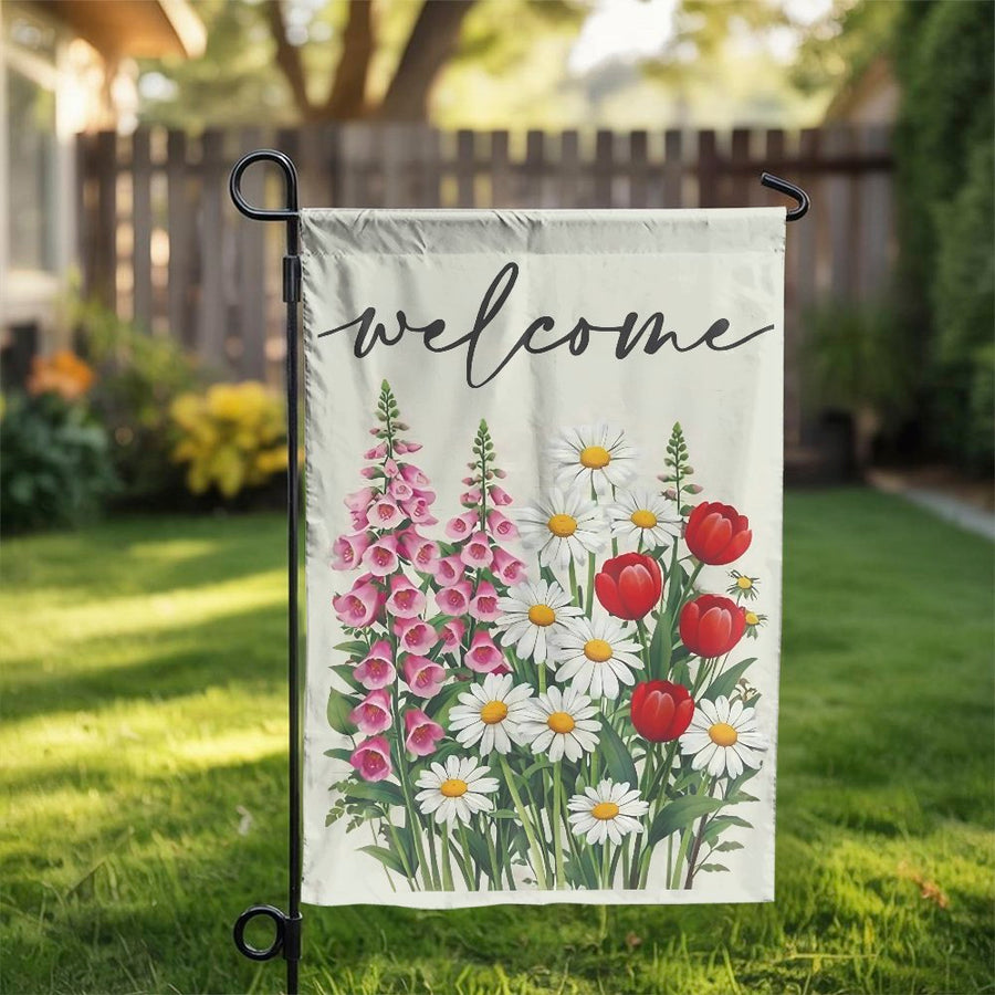 Welcome Garden Flag | Spring Floral Bouquet with Daisies & Tulips | Weather-Resistant Double Sided Fabric | Premium Outdoor Yard & Patio Decor