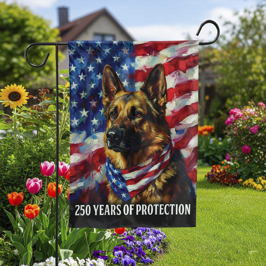 Patriotic German Shepherd Garden Flag | 250th Anniversary USA Flag Art | Double Sided Weather-Resistant Fabric | Memorial Gift for K9 Handler & Veterans