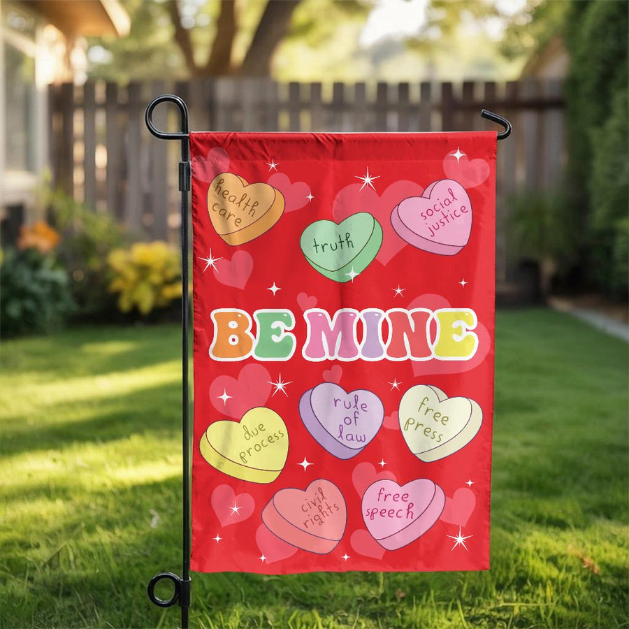 Political Valentine's Garden Flag | Social Justice Conversation Hearts | Double-Sided Weatherproof Fabric | Premium Progressive Yard Decor