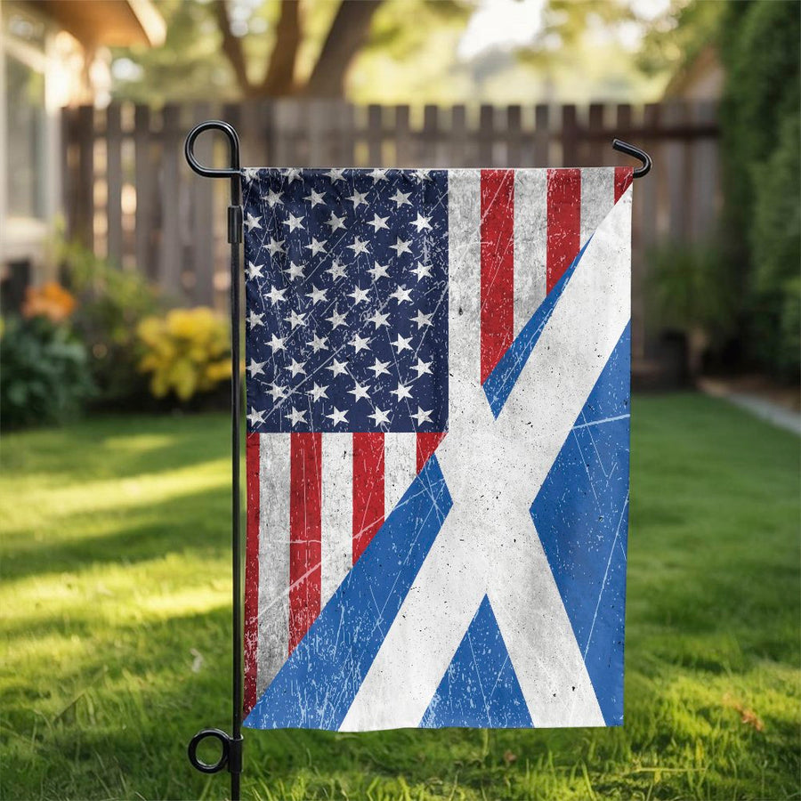US Scotland Friendship Garden Flag | Vintage Distressed Split Design | Double Sided Polyester | Premium Scottish American Heritage Gift