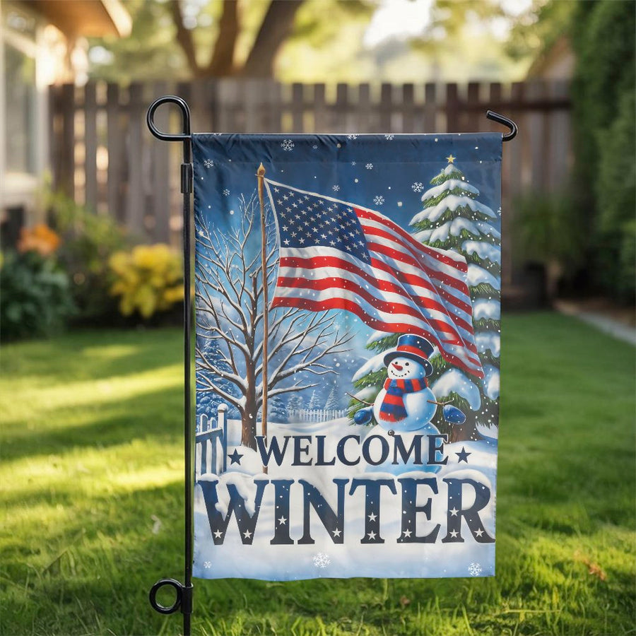 Patriotic Winter Garden Flag | Welcome Snowman with American Flag | Double Sided Weatherproof Fabric | Seasonal Outdoor Yard Decor Gift