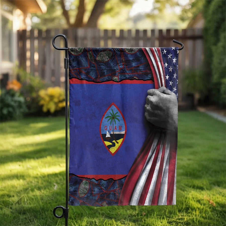 Guam Heritage Garden Flag | Guam Flag Revealed Behind USA Flag | Double Sided Weather Resistant Fabric | Patriotic Gift for Guamanian American