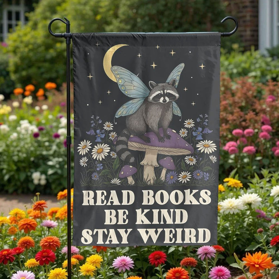 Read Books Stay Weird Garden Flag | Whimsical Fairy Raccoon & Mushroom | Premium Double-Sided Polyester | Book Lover Gardener Yard Decor Gift