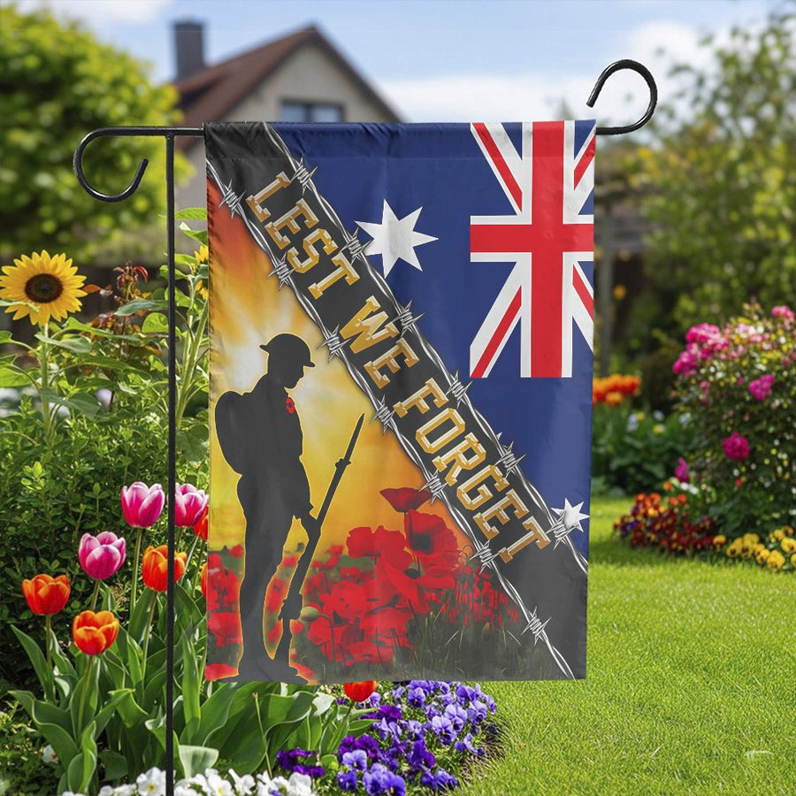 Lest We Forget Garden Flag | Australian ANZAC Soldier & Poppy Field | Double Sided Polyester | Patriotic ANZAC Day Memorial Decor Gift