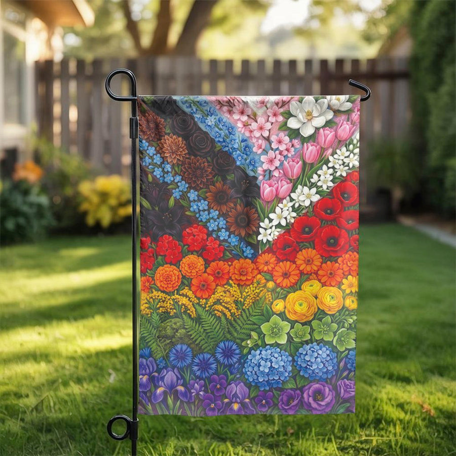 Vibrant Rainbow Floral Garden Flag | Double-Sided Botanical Illustration | Premium UV-Resistant Polyester | Seasonal Yard Decor & Gardener Gift