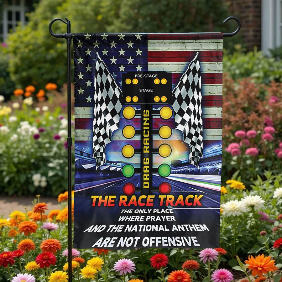Drag Racing Garden Flag | Race Track Prayer and Anthem Quote | Double-Sided Weatherproof Banner | Gift for Drag Racing Fan