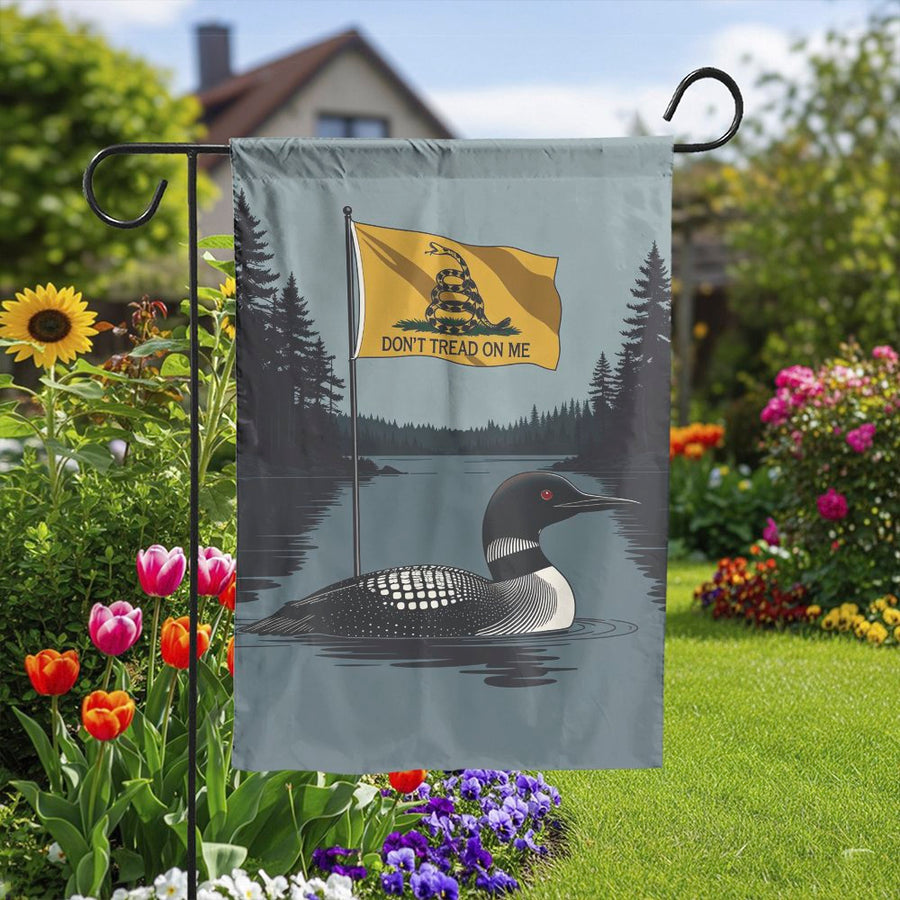 Loon Don't Tread On Me Garden Flag | Minnesota State Bird Gadsden Design | Premium Double Sided Polyester | Patriotic Yard Decor Gift for Libertarians