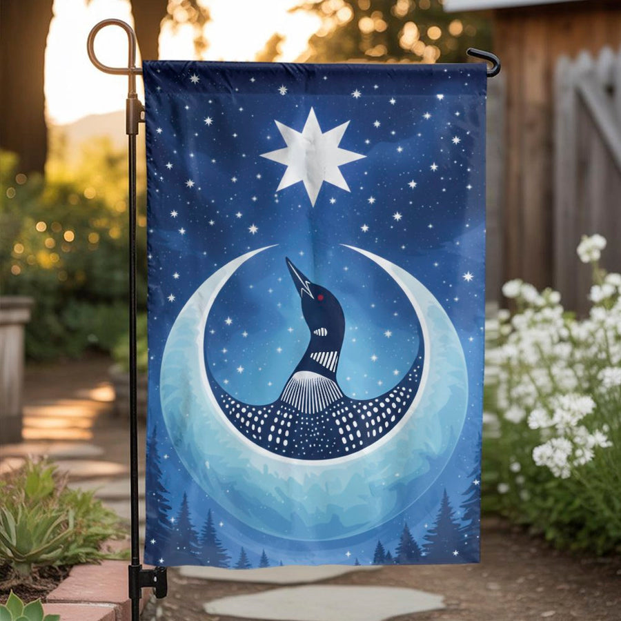 Celestial Loon Garden Flag | Loon on Crescent Moon Art | Weather-Resistant Polyester | Premium Outdoor Yard Decor Gift for Bird Lovers