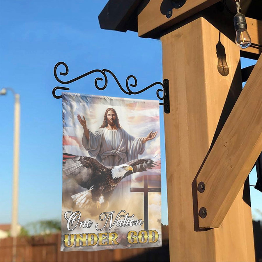 One Nation Under God Garden Flag | Patriotic Jesus & Eagle Design | Weather Resistant Polyester | Christian Home Decor Gift