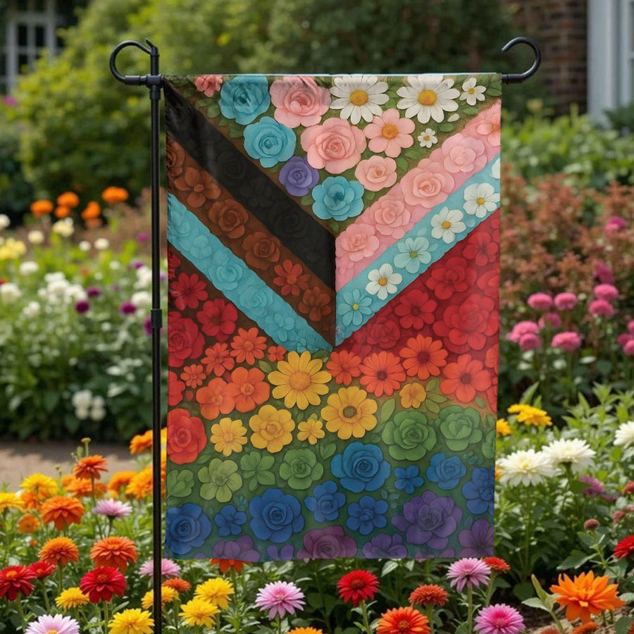 Floral Progress Pride Flag | Textured Botanical Art Decor | Double-Sided Polyester | Premium LGBTQ Garden Gift for Ally