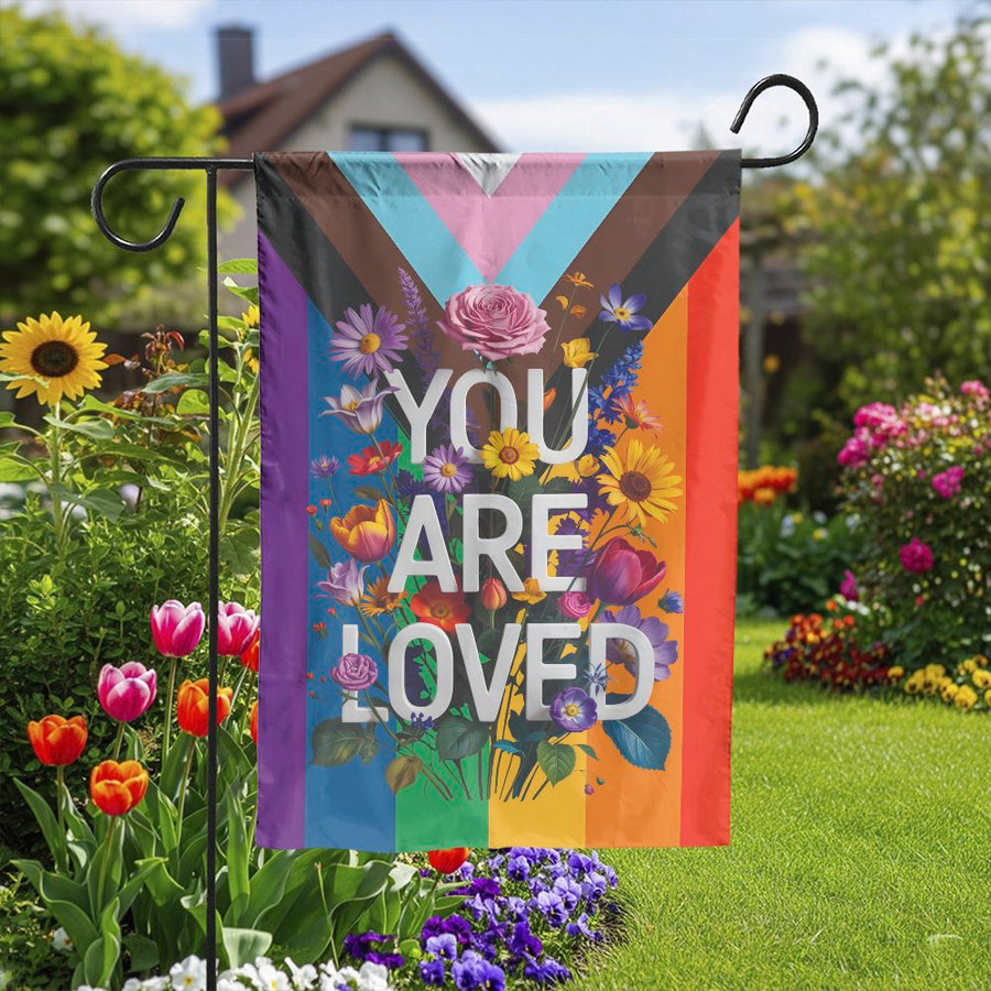 Progress Pride Garden Flag | Floral 'You Are Loved' LGBTQ+ Design | Double Sided Weather-Resistant Fabric | Pride Month Outdoor Decor Gift