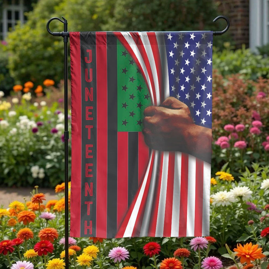 Juneteenth Garden Flag | Hand Revealing Pan-African Flag Design | Double Sided Weather-Resistant Polyester | Outdoor Yard Decor for June 19th Celebration