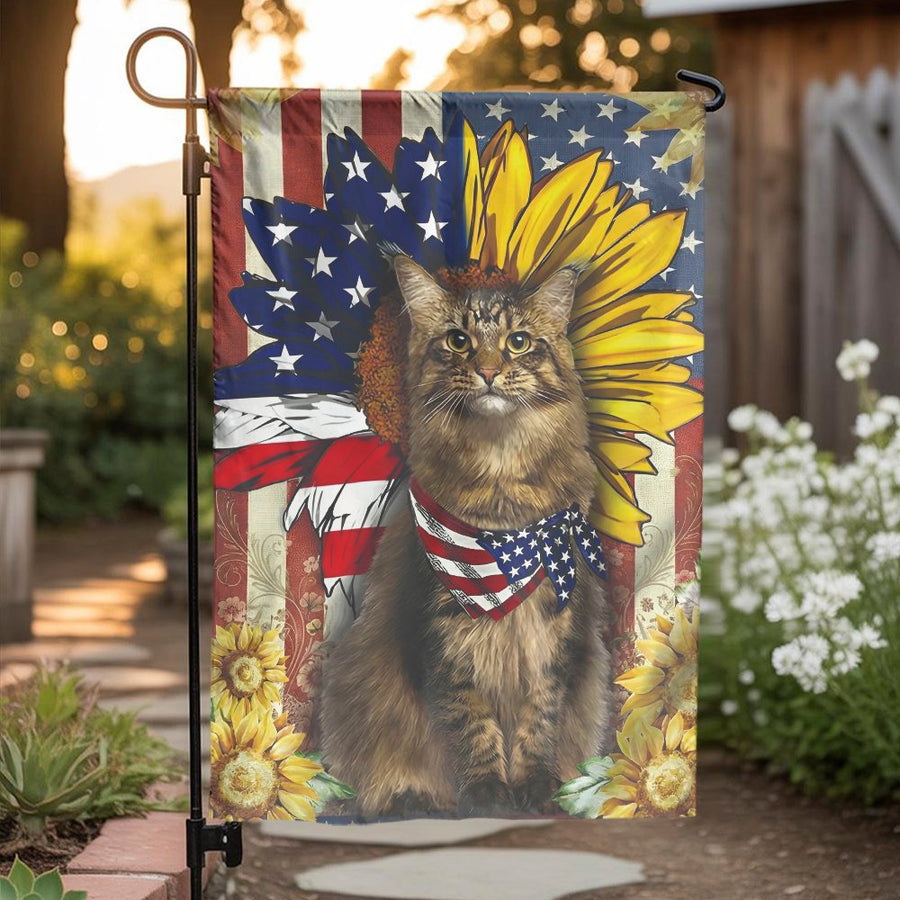 Patriotic Maine Coon Cat Garden Flag | American Flag Sunflower Design | Durable Double Sided Fabric | Outdoor Decor Gift for Cat Lovers